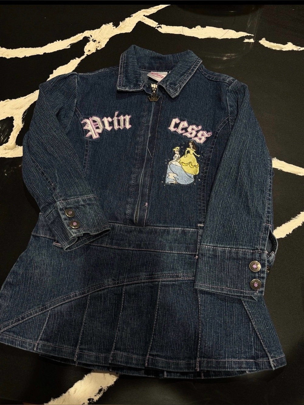 Vintage Y2K Disney Princess Denim Zip-Front Dress | Cinderella & Belle | Girls